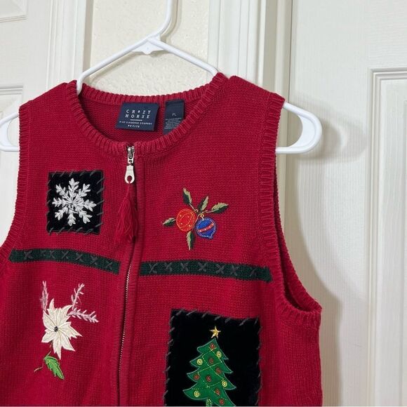Liz Claiborne Vintage Christmas Sweater Vest Red Knit Embroidered Petite Large - Picture 5 of 12